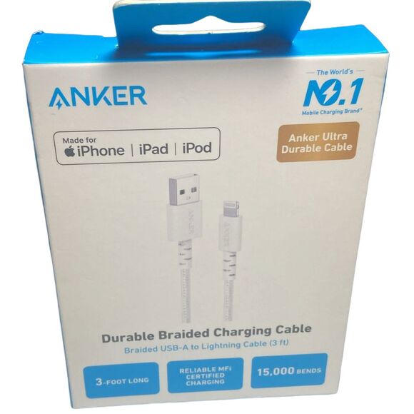 Anker 3ft Braided MFi Certified Lightning to USB-A Charging Cable – White - Picture 3 of 8